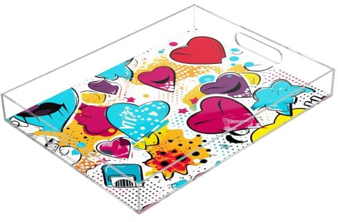 Hearts Love Plateau de service rectangulaire en acrylique transparent avec poignées pour table basse, cuisine, salle de bain