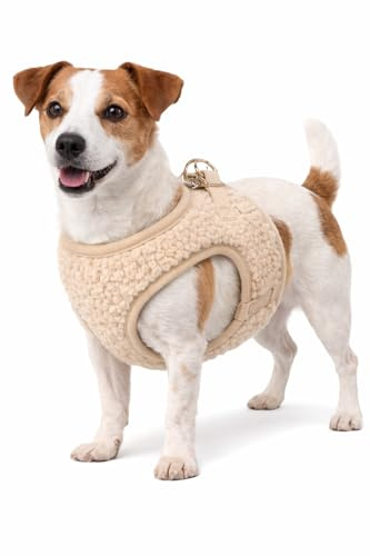 hundegeschirr - Flamingo Step&Go Pookie Beige L - A:32-37 cm B:42-46 cm x 5 mm - verstellbar - Metall Klickverschluss goldfarben - 2 Anti-Zug-Ringe - atmungsaktives Mesh