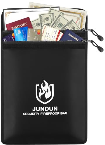 JUNDUN Feuerfeste Dokumententasche, 28x38cm 5200°F | wasserfeste Geldtasche mit doppeltem Reißverschlussfach & Reflektorstreifen für Bargeld, Reisepässen & Unterlagen