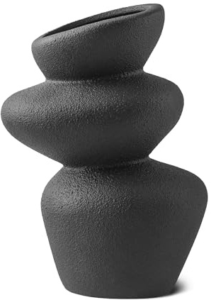 PEUZ Steinturm Vase aus Keramik – Skulpturale Keramikvase mit rauer Steinstruktur, für Trockenblumen, Pampasgras, frische Blumen oder als Dekoobjekt, handgefertigt, matt schwarz, ca. 20 cm