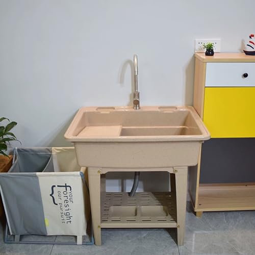 Garten Waschtisch, Spültisch mit Waschbrett und Warm-/Kaltwasserhähnen, Oberfläche in Quarzoptik, für Waschküche, Garage, Werkstatt und Balkon(80cm/31in)