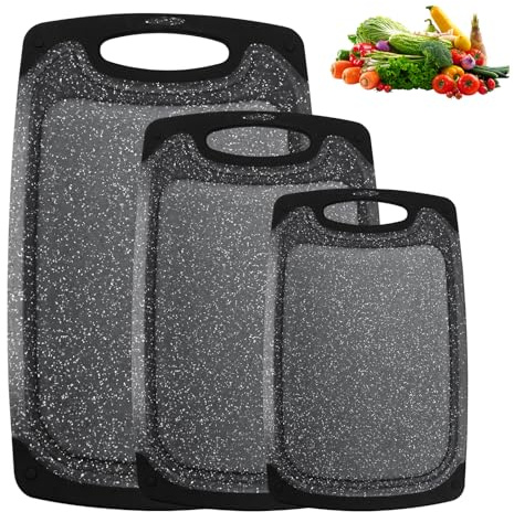 Woobroo 3 PCS of Chopping Board Set, Plastic Cutting Board with Juice Grooves and Easy-Grip Handles for Meat Vegetables Fruits