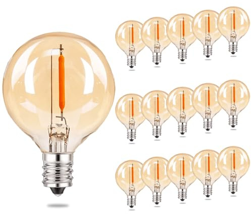 BESLAM Ampoules à filament LED G40, ampoule Edison blanche chaude 2200K, 1W 80LM G40 Dimmable, ampoules en verre ambre de globe E12 de base, remplacement d'ampoule de lumières à chaînes (15 paquets)
