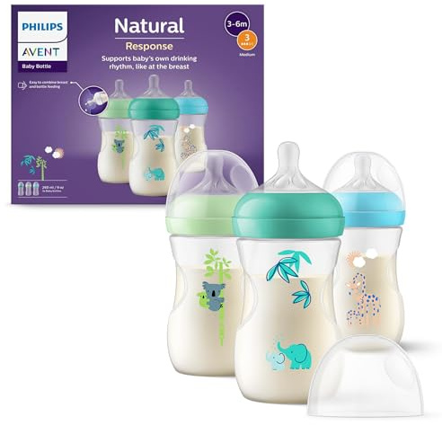Philips Avent Natural Response Flaskor 260 ml (9 oz) med medium flöde dinapp (flöde 3), 3-pack, med tropiska djur, SCY903/73