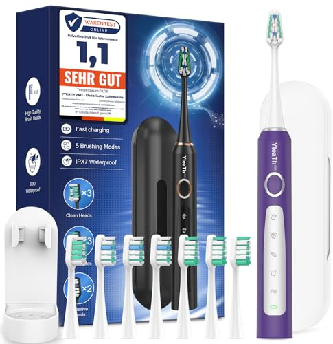 YTEATH PRO, Elektrische Zahnbürste für Erwachsene und Kinder - Schallzahnbürste, Electric Toothbrush mit 8 Bürstenköpfen, 90 Tagen Akkulaufzeit, 5-Modi, 50000VPM, Reiseetui, Timer, Violett/Weiß