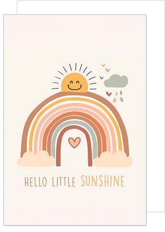Edition Seidel Premium XXL Maxi tarjeta de felicitación de nacimiento con formato sobre DIN A4. Tarjeta de felicitación bebé con texto en inglés, Hello little Sunshine Baby Rainbow Sun (A4-E1000)