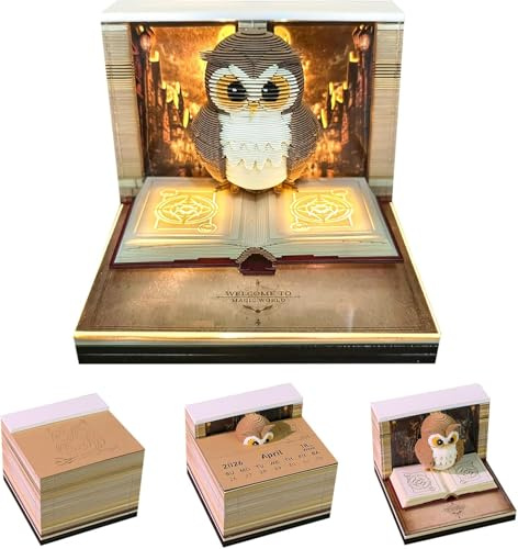 Starnearby 3D-Notizblock, 3D Kalender Abreißen 2025, 2025 Tischkalender-Notizblock mit Licht, Kreative Magic Castle Haftnotizen, Papierskulptur Desktop Ornament (Eule)