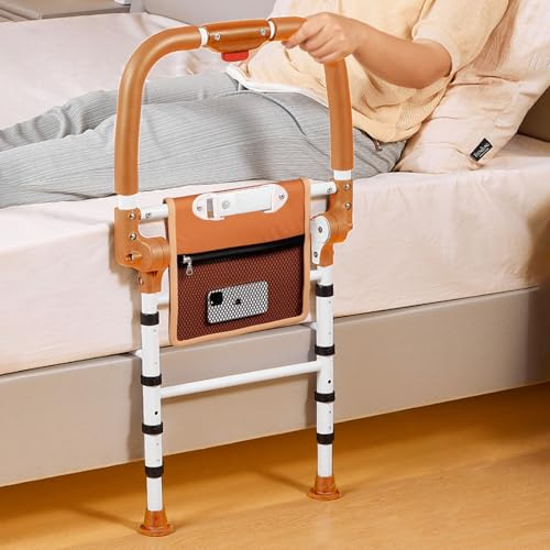 Aufstehhilfe Bett, Haltegriffe für Senioren, Klappbares Bettgitter, Bett Einstiegshilfe mit LED-Sensorlicht & Aufbewahrungstasche, Höhenverstellbarer Haltegriff Sicherheitsschiene für Behinderte