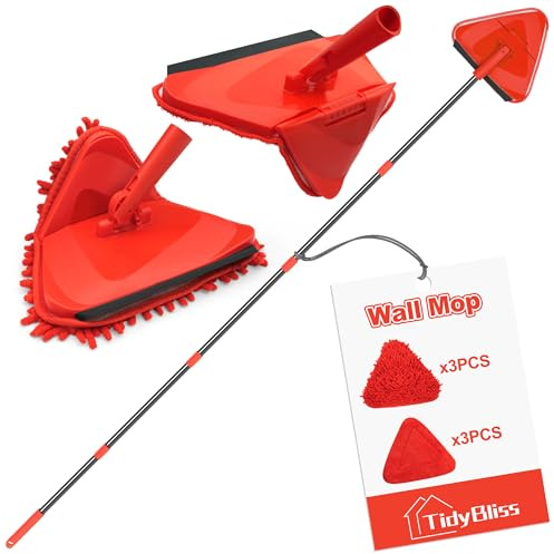 TidyBliss Bodenwischer Wandmop mit 202 cm Langem Stiel, 360°Drehbarer Dreieck Wischmopp mit Klappbarem Kopf, Reinigungsmopp Dreieckig mit 3 Chenille und 3 Mikrofaser Pads für Fenster Böden (Rot)