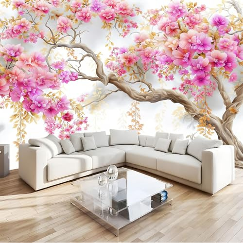 Tradizionale Cinese Carta Da Parati, Acquerello Fiori Ciliegio Murale 300 X 210 Cmnon Tessuto Carta Da Parati Rosa Per Camera Letto Tv Decorazione Sfondo Fotomurali In Murale Alla Moda Da Muro