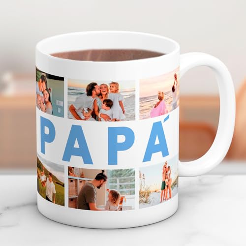 Cristal Plaque - Taza Cerámica Personalizada con 6 Fotos y Texto “Papá” | Asa Ergonómica | Regalo Día del Padre, Cumpleaños y Aniversario
