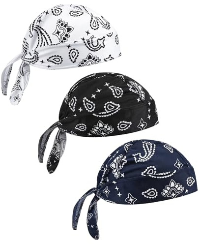 3 Pezzi Cappellino Bandana, Cappello Pirata Traspirante & Assorbente, Fodera Casco in Cotone, Cappello Teschio per Ciclismo, Escursionismo, Pattinaggio, Arrampicata, Corsa (Nero, Bianco, Blu Marino)