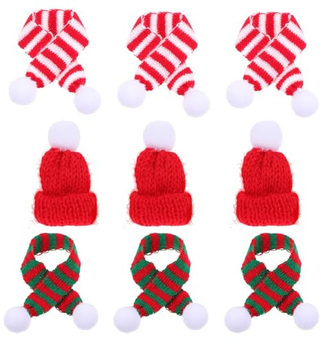 ELEOUTI 12 Stück Weihnachtliche Flaschenhüllen aus Wollgarn mit Mütze und Schal Handgestrickt Niedliche Dekoration für Flaschen und Kleine Haustiere für Weihnachtsfeiern