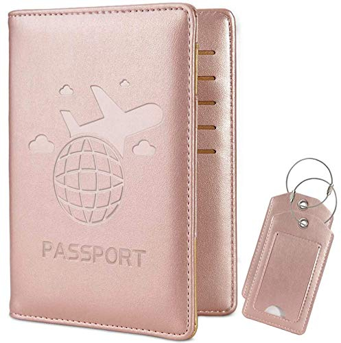 COCASES Reisepasshülle Tasche Kunstleder Reiseorganizer mit RFID-Blocker, Impfpass Hülle Tasche für Damen und Herren Rosa Gold