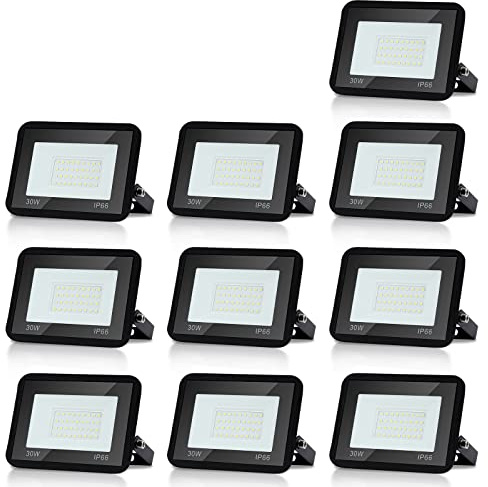 Randaco 10x30W Focos LED Exterior, IP66 Iluminación Exterior Impermeable, 2550LM Proyector LED 6000K Blanco Frío Luz de Seguridad, iluminación de pared para estadio campo deportivo patio