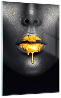 ARTTOR Quadri Moderni su Vetro 80x120 cm Verticale Persone Moda - 4460 | Oro Bocca Nero Stampe da Parete Quadro Decorativo Grande Soggiorno Arte da Parete Decorazione da Parete ARTTOR