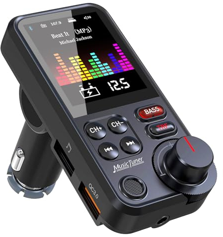 GizmoVine Bluetooth FM Transmitter, Car Adapter for Music, Hands Free Kit with 1.8 Screen/Microphone/ QC3.0 Fast Charger, 4 In 1 Audio Player Support USB/TF/BT/Aux