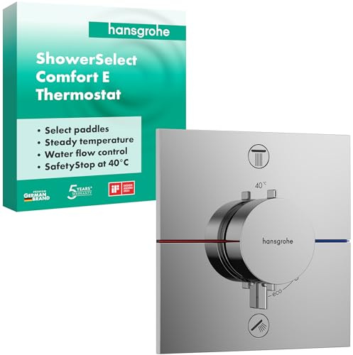 hansgrohe ShowerSelect Comfort E - thermostat conceiled, bathroom tap with safety stop at 40 °C, thermostat square for showers and bath tubs, shower mixer for 2 functions, chrome, 15572000
