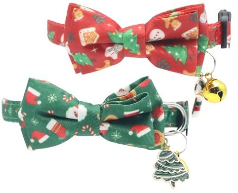 Kryzalite® 2er-Pack Baumwoll-Weihnachts-Katzenhalsbänder mit Fliege, rot-grüne Katzenhalsbänder, Katzenhalsbänder mit Glöckchen, Krücke, Weihnachtsbäume-Charms