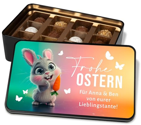 True Statements personalisierte Pralinendose zu Ostern - Dein Ostergeschenk „Frohe Ostern“ - Osterhase mit Möhrchen -Geschenkdose mit 12 Confiserie-Pralinen