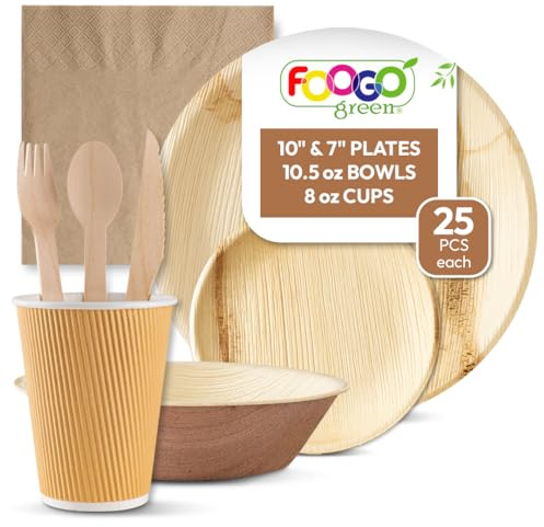 FOOGO Green 200pcs Palm Leaf Plates, Bowls, Paper Cups | Napkins & Cutlery Set, FSC® Certified, 25x Large Plates, 25x Small Plates, 25x Bowls, 25x Cups, 25x Napkins, 25x Cutlery Set