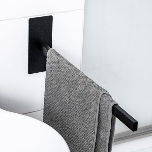 ELMOWO - Premium Edelstahl Handtuchhalter ohne Bohren selbstklebend inkl. Spezialkleber (extrem sicherer Halt) Bad Handtuchstange - Handtuch Halterung für Wand und neben Waschbecken einarmig (schwarz)