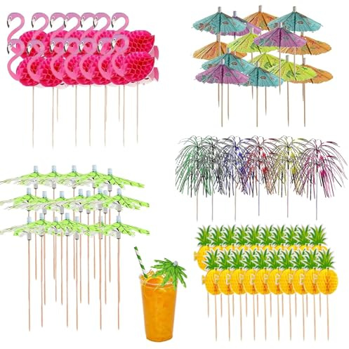 100 Pack Cocktail Umbrellas for Drinks - Assorted Tropical Party Drink Decorations, Fun Cocktail Accessories for Summer Beverages, Poolside Bar & Hawaiian Themed Events