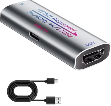 8K aktive HDMI-Booster-Repeater, Signalverstärker HDMI 2.1 Extender unterstützt 8K@60Hz/4K@240Hz, verlängert HDMI 1080P auf bis zu 50 m für PS5, Xbox, Projektor, HDCP 2.3 mit USB-C-Stromanschluss
