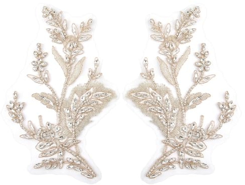 FINGERINSPIRE 1 Paio Applicazioni a Forma di Foglie con Specchietto Strass 265x155x4.5mm Toppa a Forma di Foglia Bianca con Perline di Vetro Bianche, Decorazione per Abito da Sposa, Velo da Sposa
