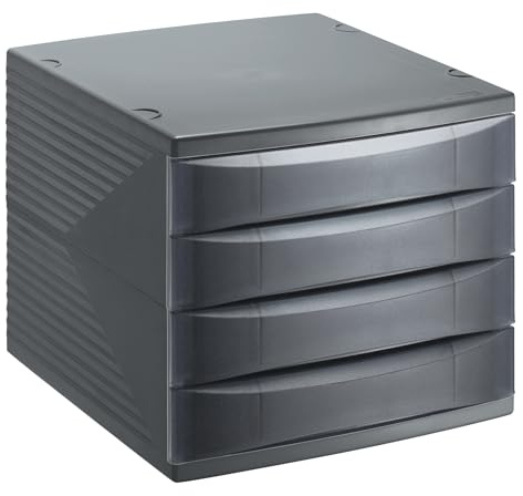 Rotho Quadra Schubladen-/Bürobox mit 4 Schubladen, Kunststoff (PS), BPA-frei, Schwarz, (36.5 x 28,0 x 25,0 cm), Anthrazit