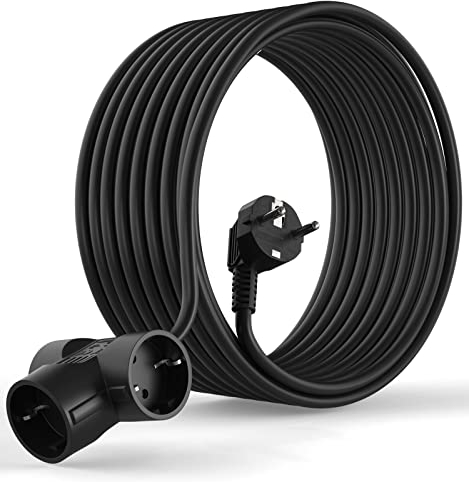 MutecPower 10 Metros Cable Alargador de Corriente Electrico con 3 enchufes Schuko con protección de Contacto en ángulo de 90° - 250V 50Hz 16A - alargador eléctrico para interiors IP20-10m Negro