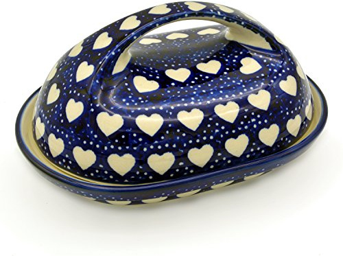 Original Bunzlauer Keramik-Butterdose für 250 g oval mit grossem Griff (Dekor Weisse Herzen)
