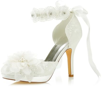 JIAJIA 3703L Scarpe da Sposa da Donna Punta Chiusa 10cm Tacco a Spillo Pizzo Satinato Piattaforma Pompe Raso Fiore Cravatta a Nastro Scarpe da Sposa Colore Avorio, Taglia 35 EU