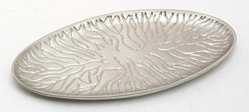 Kerzenteller, Dekoteller in ovaler Form Messing vernickelt Silber im Baum-Design 18 x 9 cm für Ovalkerzen, Ellipsenkerzen