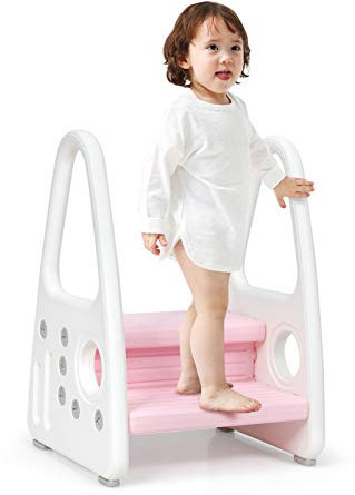 DREAMADE Marche Pieds pour Enfant en 2 Étapes avec Accoudoirs, Escabeau Tabouret pour Enfants avec 2 Marches Antidéparant, pour Cuisine, Salle de Bain, Toilette (Rose)