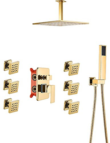 GLYYRLR Duschsystem Gold Duschset mit 6 Massagedüsen, Messing Deckenmontage Duscharmatur Regendusche Einhebel Duschsäule Duscharmatur mit Duschkopf, Handbrause,10 Inch