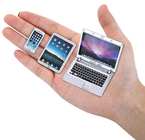 cobee 1:12 Mini Laptop Set,3pcs/set Mini Metal Laptop Tablet Smartphone Scene Simulation Accessories Dolls House Furniture Doll Accessories Play Set (Silver)