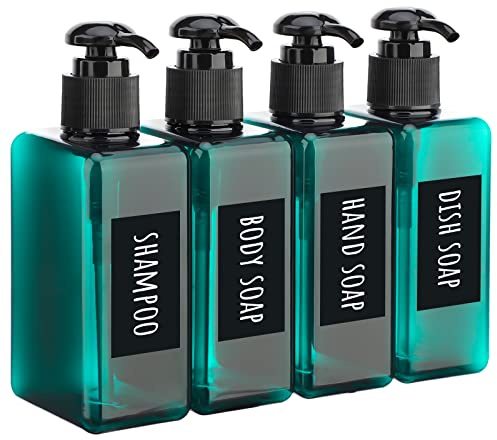 Segbeauty Distributeur de Savon Carrée, 4 Pièces 200ml Rechargeable Lotion Bouteille avec Étiquette Imperméable et Manuscrite, Flacon Pompe pour Shampoo, Gel Douche, Savon pour Les Mains- Paon Bleu