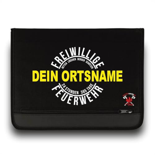 Feuerwehr Schreibmappe/FFW +Ortsname/Neongelb-Weiss/Roter Hahn 112 / Einsatzorganizer auch für THW Rettungsdienst Notarzt