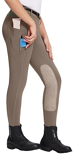 baleaf Girls Riding Pants Kids Equestrian Breeches Knee-Patch Zip Pocket Horseback Tights Brown S
