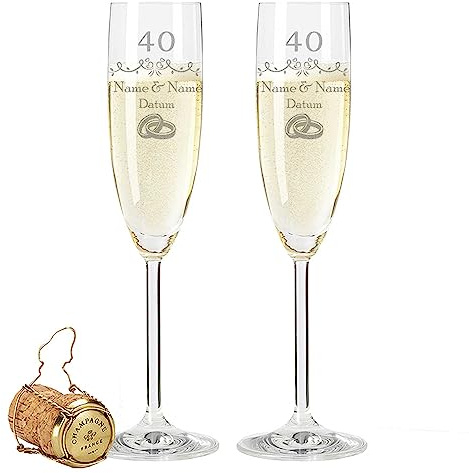 GRAVURZEILE Leonardo Sektgläser mit Gravur - Rubinhochzeit 40 Jahre - Personalisiert mit Namen & Datum inkl. Holzkiste - Geschenk zur Hochzeit Verlobung Jahrestag - Farbe: Sekt