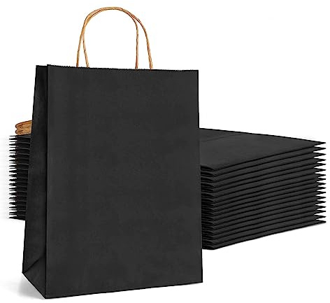 Lote 100 Bolsas de papel kraf negras con asas para regalos. Bolsas para comercios, pequeñas biodegradable, bolsas reutilizables para regalar (NEGRAS)