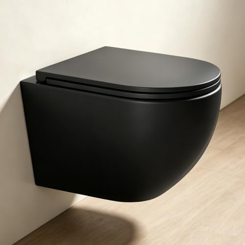 Mai & Mai Hänge WC Schwarz, Wand WC spülrandlos aus Sanitärkeramik, Toilette WC-Sitz mit Soft-Close & Quick-Release, 36x50x36cm Aachen179