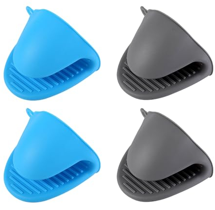 aqlbhz 4pcs Silicone Oven Mitts for Air Fryer, Non Slip Mini Oven Mitts Heat Resistant Pot Holder, Gray, Blue