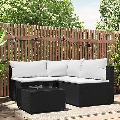 NITCA 4-TLG. Balkon Lounge Klein Rattan,Balkon Ecksofa Klein Schwarz und Weiß,Outdoor Sofa Lounge L Form,Lounge Moebel Balkon Klein mit Kissen Balkonmöbel Rattan Kissenfarbe Weiß