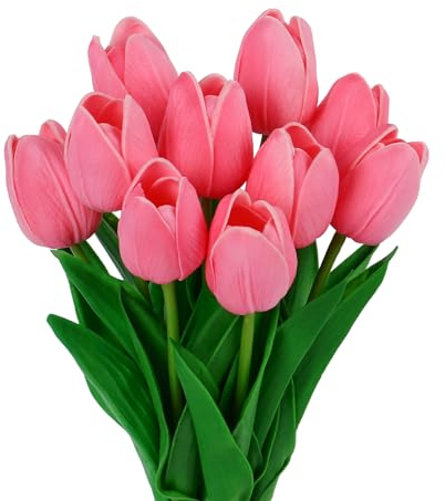 VaryFloral 10pcs Artificial Tulips Dark Pink Artificial Tulips Flowers Realistic Fake Flowers PU Latex Faux Tulips Real Touch Fake Bouquet Artificial Flowers for Home Party DIY Spring Decorations