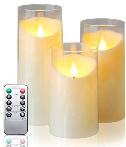 IMAGE LED Kerzen mit Fernbedienung Timer flackernde flammenlose Kerzen batteriebetrieben, Acryl Shell LED kerzen für Haus Tafel Hochzeit Weihnachten Dekoration, 3 Pack (D 3„×H 4“ 5„ 6“), Elfenbeinweiß
