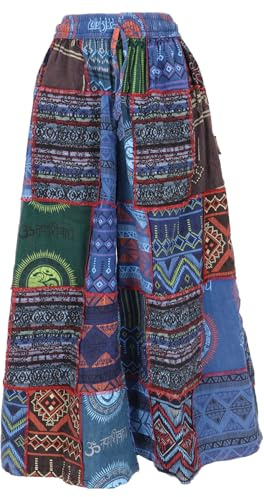 GURU SHOP Bequeme Palazzohose, Weite Patchwork Marlenehose, Boho Schlaghose, Hosenrock - Blau/bunt, Damen, Size:M
