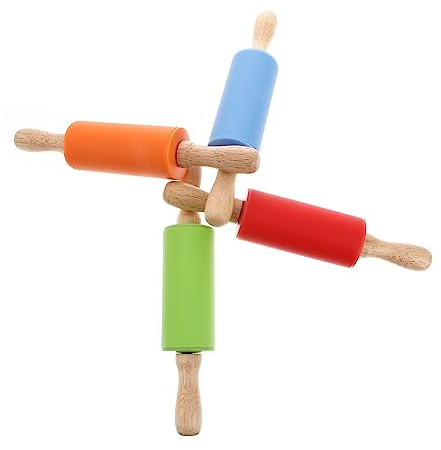 FUNOMOCYA 4pcs Silicone Rolling Pin for Boy Girl Non-Stick Dough Roller Red Blue Baking Accessories Non Stick Kids with Wooden Handle for Kitchen Dough Cookie Pastry Fondant Cake Pizza Cookie