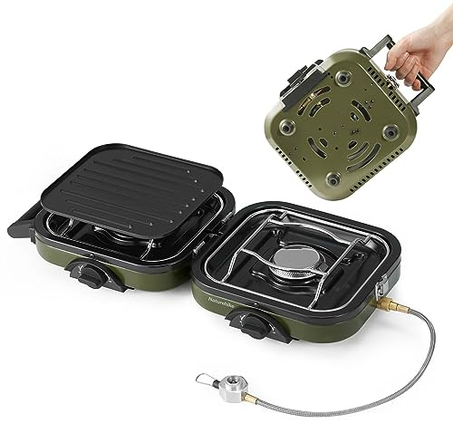 LBLFEBD 2-in-1 Gas Camping Stove, Frying Pan, Double-Fire Folding Gas Stove Stove with Adjustable Burners, 88.18 oz, Carrying Handle, Portable, Iron Skillet Perfect for Camping & Hiking